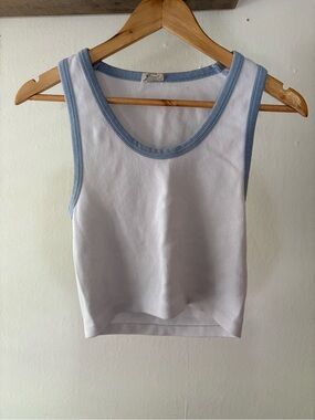 Classic White Tank Top with Sky Blue Trim - Ribbed Scoop Neck